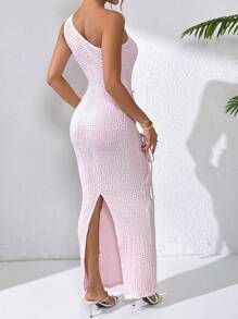 SHEIN Unity Elegant Nobility Sexy Oblique Shoulder Waist Fitting Party Cocktail Dress - Pink - View 2