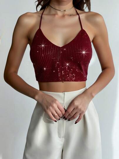 Firerie Elegant Sexy Halter Neck Backless Sequin Sleeveless Cami Crop Top, Party, Motorcycle, Clubwear Style, Burgundy Red Concert Rave Women