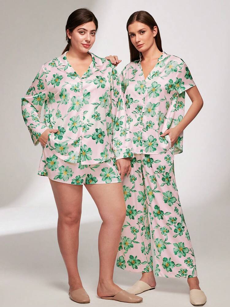 Satin Patterned Button-Up Top & Pants PJ Set