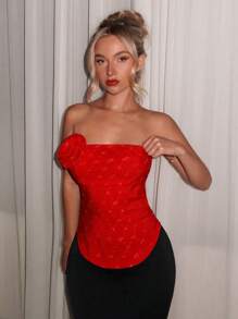 Glamine Gramin Early Spring Red New Women's Textured Jacquard Love Fabric Removable 3D Flower Backless Strap Waist Tube Top Short Top Suitable For Vacation Romantic Date Party Versatile Top