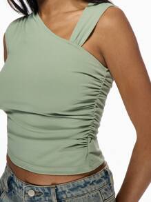 MISSGUIDED Top corto asimmetrico con una spalla, arricciato, senza maniche, adatto per feste, club, serate, aderente, di moda contemporanea, colore verde salvia, per Natale - Verde - Visualizzare 6