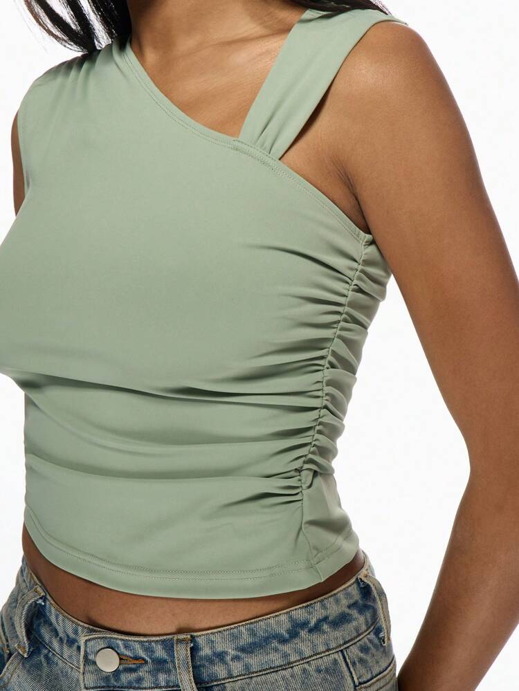 MISSGUIDED Asymmetric One Shoulder Ruched Crop Top Sleeveless Summer Party Club Evening Fitted Tank Contemporary Fashion Sage Green Bodycon Christmas