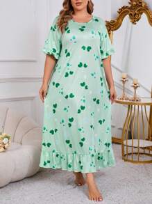 Plus Size Heart Print Ruffle Hem Short Sleeve Nightgown, Moo Moo Sleep Dress - Multicolor - View 3
