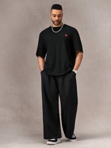 EASEVO Plus Size Men's Loose Fit Red Lip Print Short Sleeve T-Shirt - Black - View 5