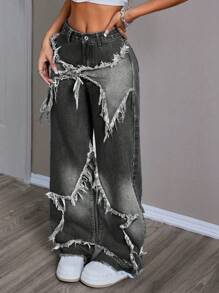 SHEIN EZwear Pantalones vaqueros de pierna ancha y holgados para mujer con flecos y remiendos