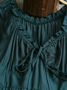 Linhara Plus Size Solid Dark Green Backless Bow, Ruffle Hem Dress - Cooling, Stress Relief Outfit, Evening Gown, Elegant Fashion Women Lounge, Summer Outfits For Women, St. Patrick's Day, Rave Outfits, Festival, Spring Break Outfits, Saint Patrick, Boho
