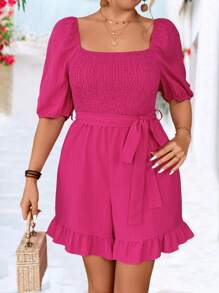 SHEIN Clasi Plus Size Boho Fashionable Casual Cinched Waist Solid Color Romper, For Spring/Summer - Red - View 4