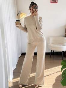 Firerie 秋冬优雅休闲燕麦色卡其色高领宽松针织毛衣直筒裤两件套 - 卡其色 - 查看 6