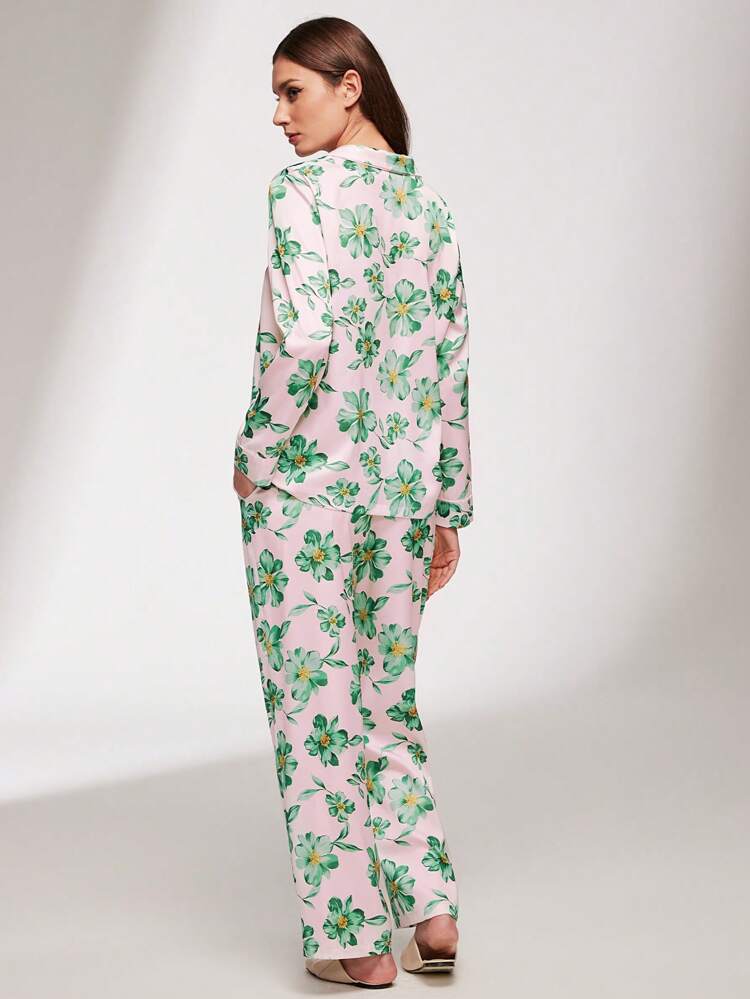 Satin Patterned Button-Up Top & Pants PJ Set