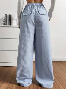 SHEIN EZwear Women's Elastic Waist Pocket Striped Minimalist Casual Long Pants, Daily Wear
