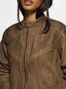 MISSGUIDED 破旧机车夹克复古风摩托车风格罗纹面板设计立领冬秋时尚个性单品街头风外套 - 棕色 - 查看 7