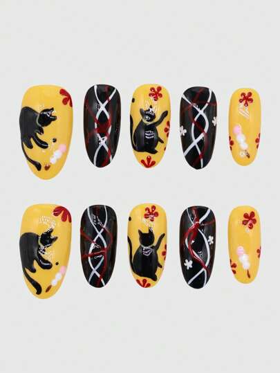 Kawaii 10 PCs Black Cat & Cherry Blossom Handmade False Nails + 3 PCs Double-Sided Adhesive, Detachable Line Drawing Manicure Stickers, High-Quality Color Block Nail Decals, Suitable For Festivals, Parties, Dancing, And Daily Wear