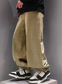 Denimly Khaki Baggy Jeans -Teen Teen Boy Denim Wear- Casual Daily Urban Street Elastic Waistband Baggy Jeans,Khaki Denim. - Khaki - View 2