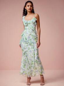 Enchnt Spring/Summer Romantic Women's Green Floral Print Ruffle Suspender Mermaid Maxi Dress,Sweet&Elegant For Birthday&Holiday Party&Wedding Season&Sweet Date &Prom&Garden Parties&Vacation