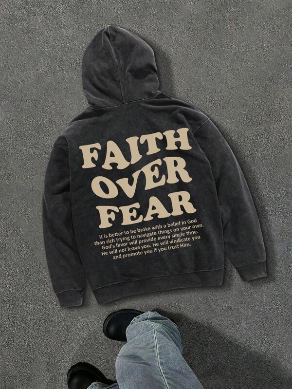 Manfinity EMRG Men's Fall Casual Distressed Slogan Graphic Hooded Sweatshirt Going Out Long Sleeve Hoodie, For Friends, Husband, Boyfriend Gifts