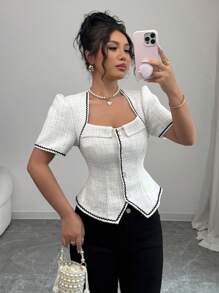 Elenzga Women Elegant Fitted Color Block Wave Patterned Short Sleeve Blouse - White - View 7