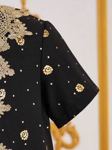 SHEIN Tween Girl 黑色和金色短袖连衣裙，适合斋月、国庆节、春夏季 - 黑色 - 查看 3
