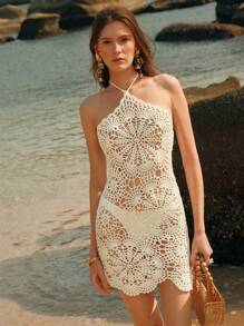 Anewsta Summer, Beach, Festival,Holiday, Elegant Women's Crochet Halter Blouse - White - View 1