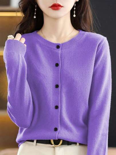 EMERY ROSE Women Round Neck Casual Solid Colored Cardigan For Daily Wear,Long Sleeve Tops Fall Winter Cloth For Women