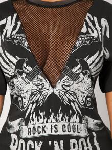 SHEIN SXY 休闲复古风短袖上衣，网眼拼接做旧吉他图案印花宽松T恤，适合日常穿着和音乐节，百搭上衣 - 深灰色 - 查看 5