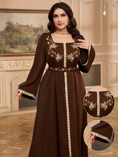 Al Najma Plus Size Women Floral Print Square Neckline Puff Sleeve Elegant Arabic Style Dress, Modest Kaftan