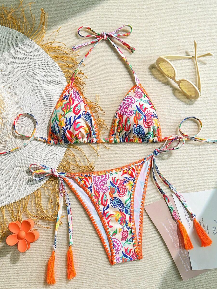 Soleia 2 Stücke farbenfroher Bikini-Set im Paisley Retro-Muster, Kontrastfarbene Schalen, Blumen Dekor, Quasten Bindedetails, Urlaubs-Sommer Strand Look - Verschiedenfarbig - Übersicht 1