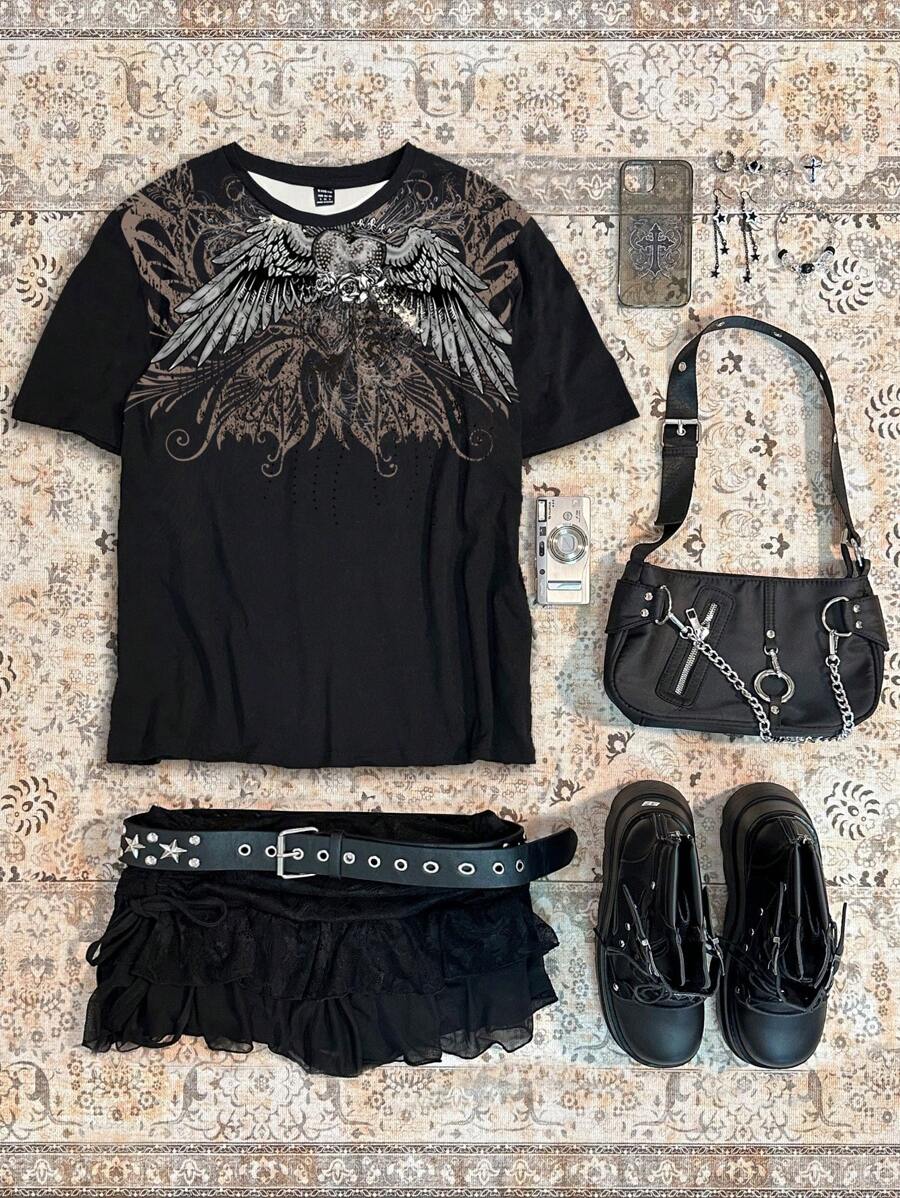 SHEIN EZwear 复古街头摇滚风音乐节朋克风玫瑰翅膀定位印花休闲圆领短袖宽松女士T恤 - 白色 - 查看 1
