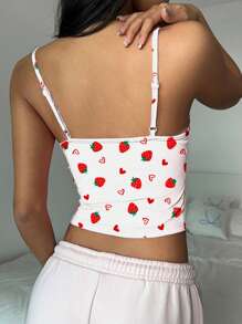 Muchica Women's Casual Sexy Figure-Hugging Racerback Tank Top With Allover Strawberry Heart Design - White - View 2
