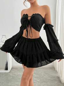 INAWLY Top lungo con maniche lunghe e spalle scoperte con gonna, completo da donna - nero - Visualizzare 3