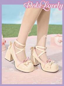 Dola Lovely 女士休闲时尚防滑粗跟厚底蓝色可爱卡哇伊蝴蝶结高跟鞋