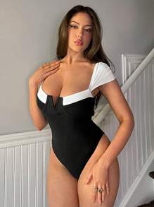 Firerie Women's Elegant Contrast Black And White Color Asymmetric Deep V-Neck Sleeveless Bodysuit , Full Coverage Bikini For Vacation,Beach,Summer/Spring