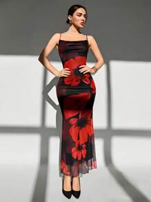 Aloruh Vestido elegante y romántico de ajuste ceñido con estampado de flor roja de malla y tirantes de espagueti con cola de pez