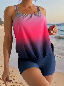 Swim Lushoire Springbreak 2pcs Gradient Pleated Drawstring Shoulder Strap Tankini Swimwear Set, For Summer Beach Vacation - Multicolor - View 5