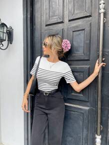 SHEIN PariChic Áo thun nữ tay ngắn hở lưng kẻ sọc kiểu Pháp, Xuân/Hè - trắng - Xem 4