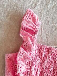 SHEIN Baby Girl Solid Color Embroidered Ruffle Hem Romper - Hot Pink - View 6