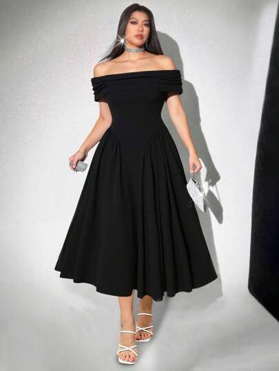 SHEIN Belle 大码露肩优雅小黑中长连衣裙，女士婚礼宾客礼服