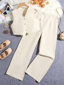 Teen Girls' Solid Color Suit Top And Wide Leg Suit Pants Set - Khaki - View 1