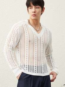 Manfinity CasualKnits Men's Solid Color Hollow V-Neck Long Sleeve Casual Sweater - Multicolor - View 3