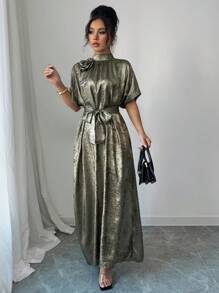 Elenzga Women's Summer Occasion Casual Loose Dress, Gold & Green Floral Decor Bat Wing Sleeves, V-Neck Maxi Gown Dress, Suitable For Outing, Date, Holiday, Eid, Music Festival, Wedding