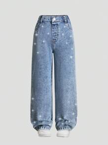 SHEIN Conjunto de 2 piezas para niñas preadolescentes con top vaquero cómodo y casual con pedrería y pantalón vaquero, ligero y perfecto para el verano - Azul lavado medio - Ver 4