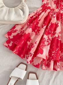 Soleia Women's Vacation Red Silhouette Floral Print Spaghetti Strap Ruffle Collar Chest Ruched Waist Slim A-Line Romper, Suitable For Party, Christmas, Date, Valentine's Day, Afternoon Tea, Wedding - Red - View 6