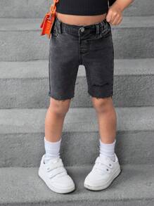 SHEIN 年轻女孩 Y2K 弹力黑色牛仔短裤，女童春夏休闲度假流浪汉装 - 黑色 - 查看 3