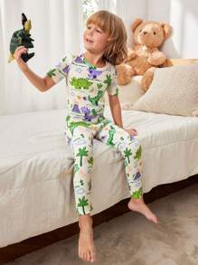 2 件套贴身男童睡衣套装 - 恐龙、火山、树叶印花短袖上衣和长裤，适合所有季节