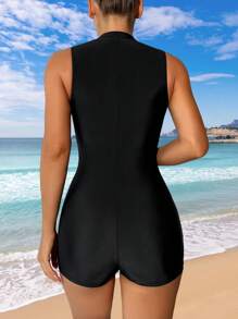 Swim SPRTY Women's Professional Competitive One-Piece Swimsuit, Sexy Black Zipper Front Activewear