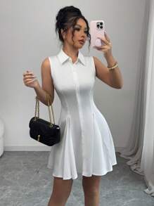 Elenzga 优雅高端纯色缎面衬衫领前开 A 字型无袖女式连衣裙，春夏