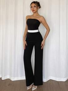 SHEIN Privé 女士优雅简约连体裤，腰部采用彩色块蝴蝶结装饰，适合派对穿着