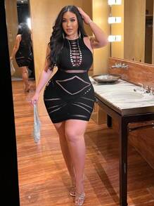 Flirla Plus Size Women Solid Color Hollow Scoop Neck Sleeveless Tight Fit Sexy Dress - Black - View 3