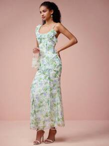 Enchnt Spring/Summer Romantic Women's Green Floral Print Ruffle Suspender Mermaid Maxi Dress,Sweet&Elegant For Birthday&Holiday Party&Wedding Season&Sweet Date &Prom&Garden Parties&Vacation