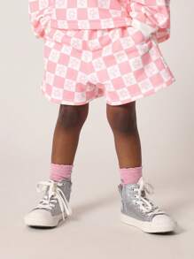 SUMWON Checkered Co-Ord Set Sweatshirt Shorts Outfit Spring Summer Casual Matching Set Wear Urban Streetwear Athletic Kids Play Activewear - Pink - View 4