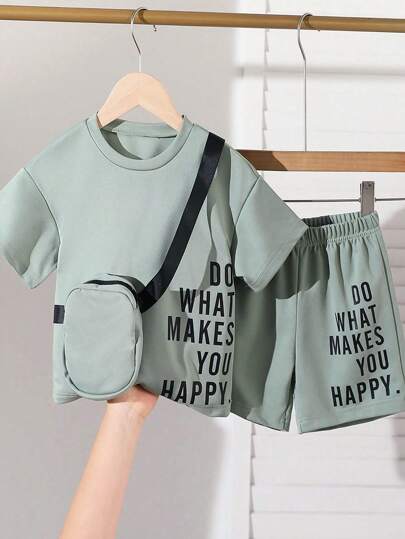 2 件套年轻男孩休闲圆领短袖字母印花上衣和短裤